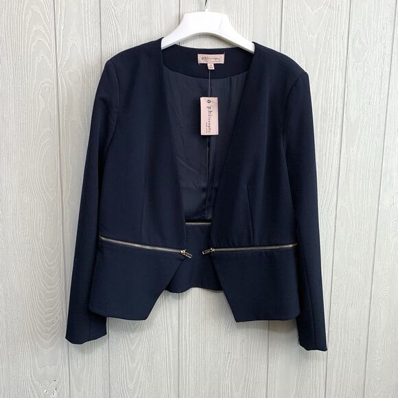 Philosophy Women's Blazer Jacket Navy Blue Open Front Zip Detail Size 14 NWT - Picture 1 of 5